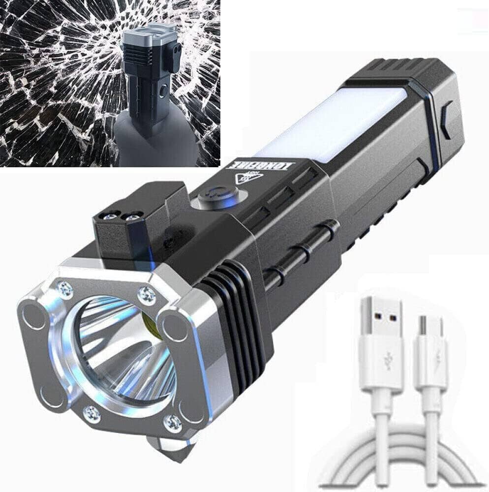 Versatile High Power LED Flashlight – Focus Light, Power Bank & Window Hammer